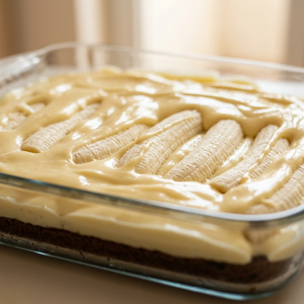 Slaganje slojeva čoko banana kolača u staklenoj posudi – čokoladna podloga, kremasti fil i red cijelih banana prelivenih kremom