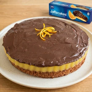 Vegan jaffa torta na krem tanjuru uz balkansko pakiranje Jaffa keksa kao inspiracija recepta
