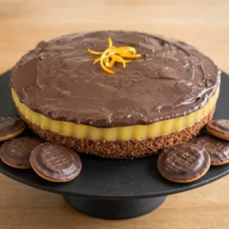 Gigantska torta s narančastim želeom i čokoladnim preljevom na crnom postolju s tradicionalnim keksima