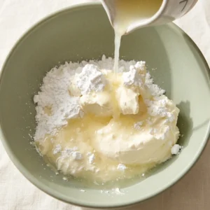 Limunov sok ulijeva se na mascarpone i šećer u prahu u zelenoj zdjeli