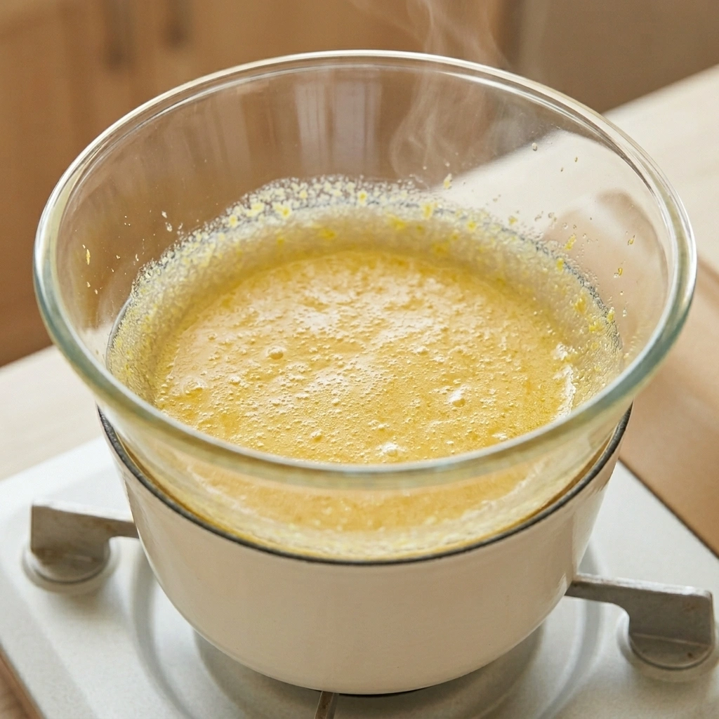 Žuta pjenasta smjesa za limun curd kuha se na pari u staklenoj zdjeli iznad lonca