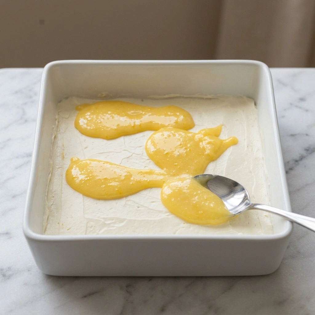 Žlicom se žuti lemon curd raspoređuje preko bijelog sloja mascarpone kreme u kalupu