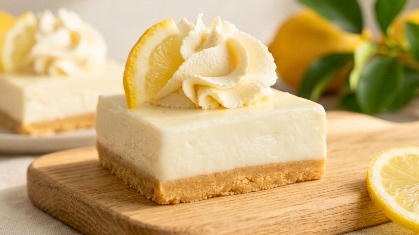 Limun cheesecake kocke na drvenoj dasci, s rozetom šlaga, kriškom limuna i svježim limunima u pozadini