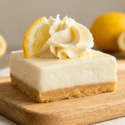 Limun cheesecake kocka s keksovom podlogom, rozetom šlaga i kriškom limuna na drvenoj dasci