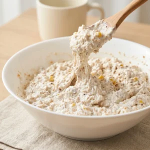 Miješanje kremaste salate od piletine drvenom kuhačom u bijeloj zdjeli