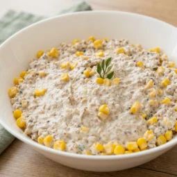Pileća salata s kikirikijem u bijeloj zdjeli s rubom od zrna kukuruza