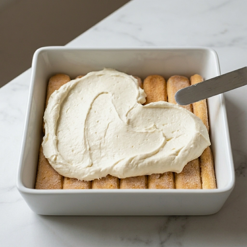 Mascarpone krema se špatulom razmazuje preko sloja poslaganih piškota u bijelom kalupu
