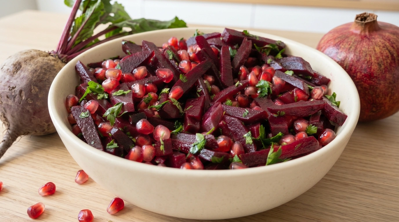Salata od cikle i nara u krem zdjeli uz cijelu ciklu i nar na hrastovom pultu