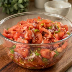 Salata od rajčice s crvenim lukom u staklenoj zdjeli na drvenoj podlozi