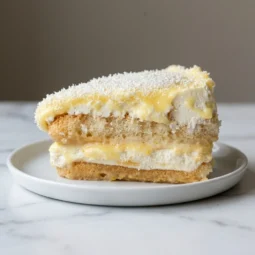 Komad tiramisu od limuna sa slojevima piškota, limunove kreme i mascarponea, posut bijelom čokoladom