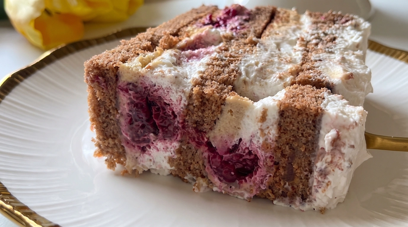 Makro presjek čoko moko torte s malinama, slojevi kreme i kakao kore izbliza