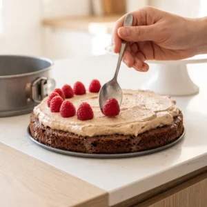 Ruka žlicom raspoređuje svježe maline po sloju kreme tijekom slaganja torte