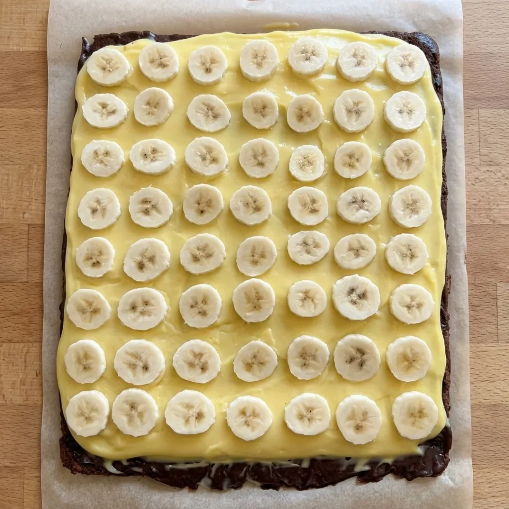Kolutići banane poredani u urednim redovima preko premazane vanilijske kreme na kakao kori