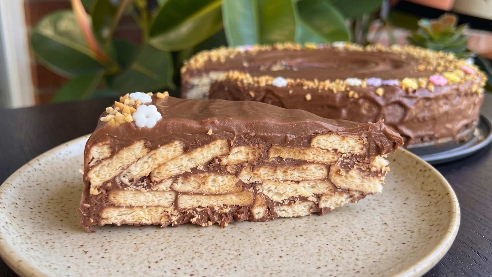 Brza čokoladna torta bez pečenja, kriška s čokoladnom glazurom i slojevima keksa