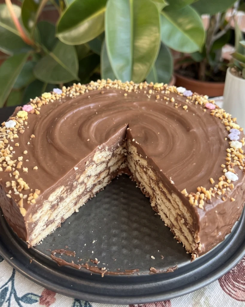 Brza čokoladna torta, izrezani presjek s komadima keksa u čokoladnom filu