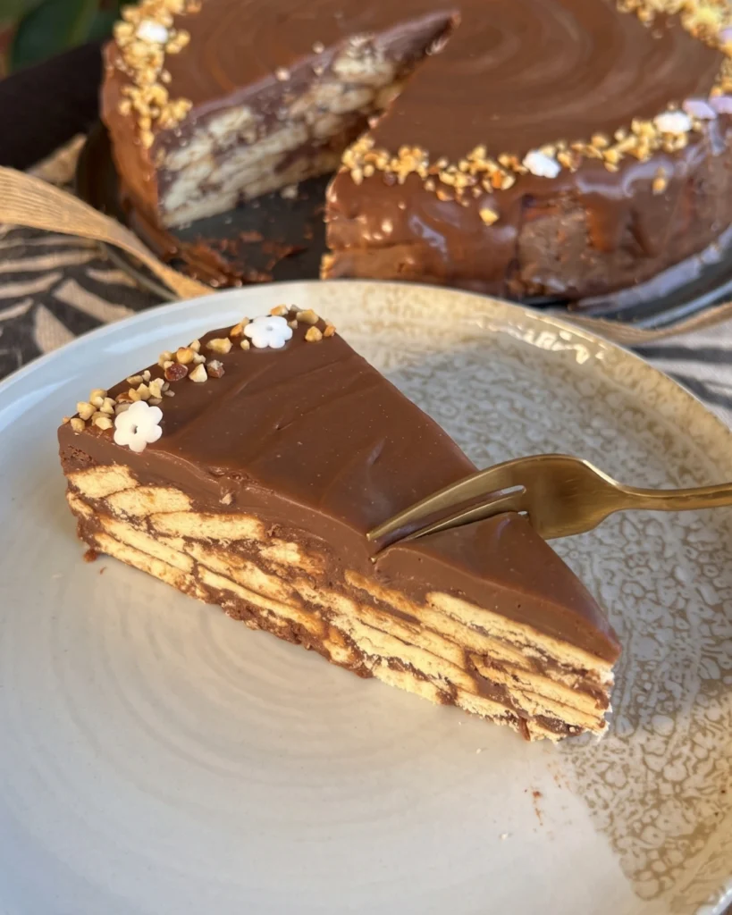 Brza čokoladna torta, kriška na keramičkom tanjuru sa zlatnom vilicom, u presjeku slojevi keksa i čokoladnog fila