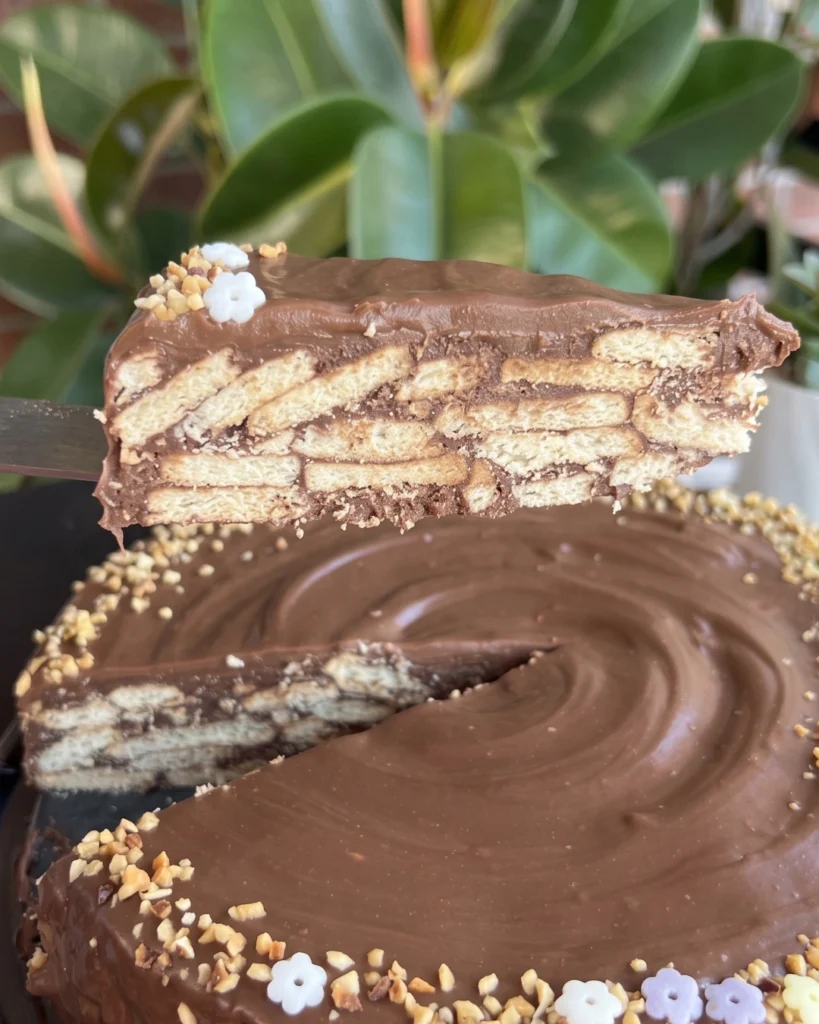 Brza čokoladna torta, podignuta kriška s vidljivim slojevima keksa u čokoladnom filu