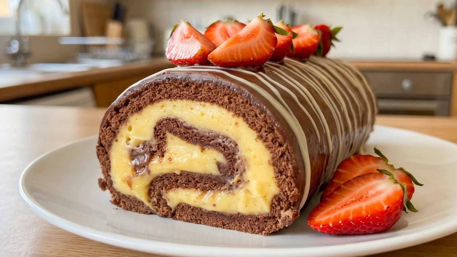 Čokoladna rolada s bananom u širokom kadru, cijela na tanjuru s prugama bijele čokolade i jagodama
