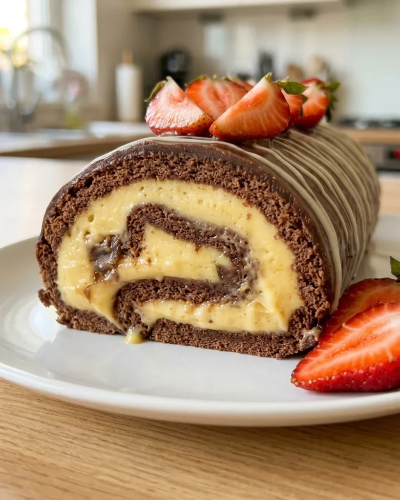 Čokoladna rolada s bananom u krupnom kadru, presjek s vanilijskom kremom i mekanom kakao korom