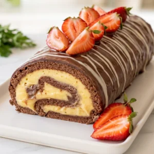 Čokoladna rolada s bananom prerezana na tanjuru, prelivena čokoladom i ukrašena svježim jagodama