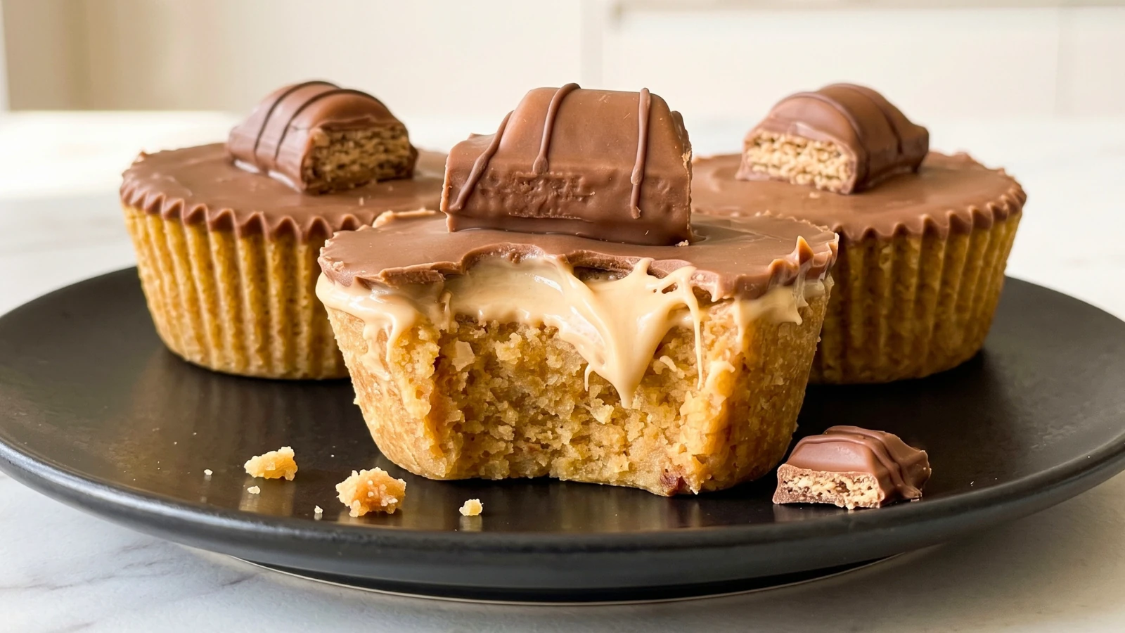 Kinder Bueno košarice recept: tri košarice bez pečenja na crnom tanjuru, prednja sa zagrizom i kremom od lješnjaka između podloge od keksa i mliječne čokolade