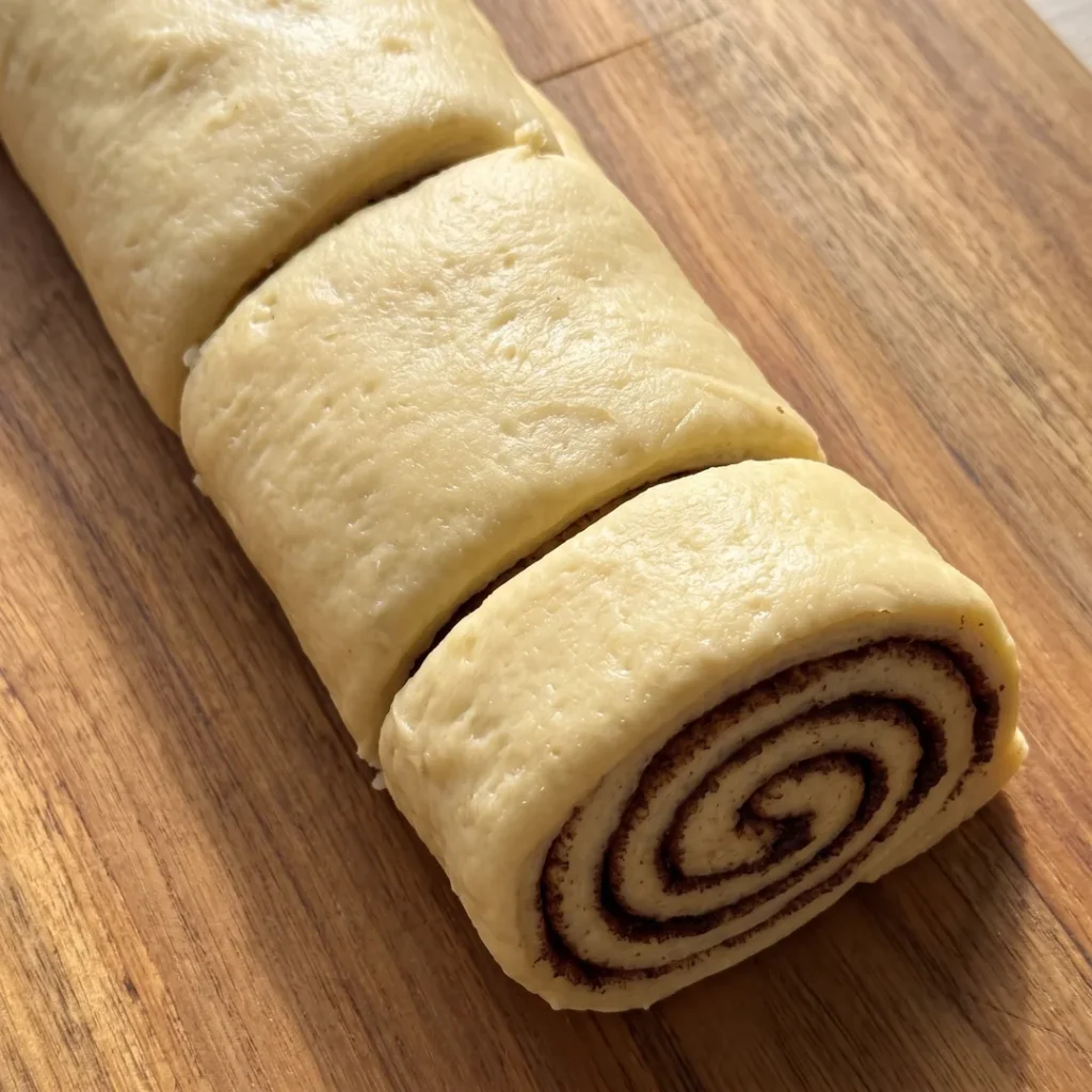 Rolat od dizanog tijesta s punjenjem od cimeta narezan na komade, sa spiralom vidljivom na presjeku