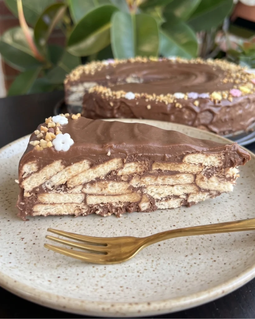 Brza čokoladna torta, kriška sa slojevima keksa u čokoladnom filu, uz zlatnu vilicu