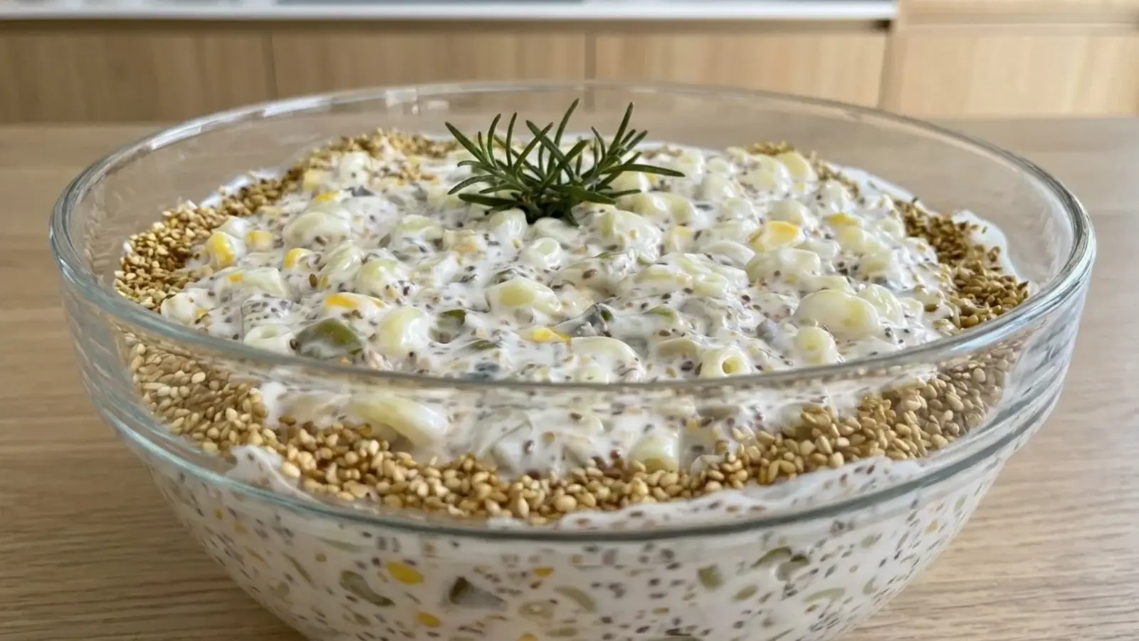 Posna salata s tjesteninom u staklenoj posudi s rubom od prepečenog sezama