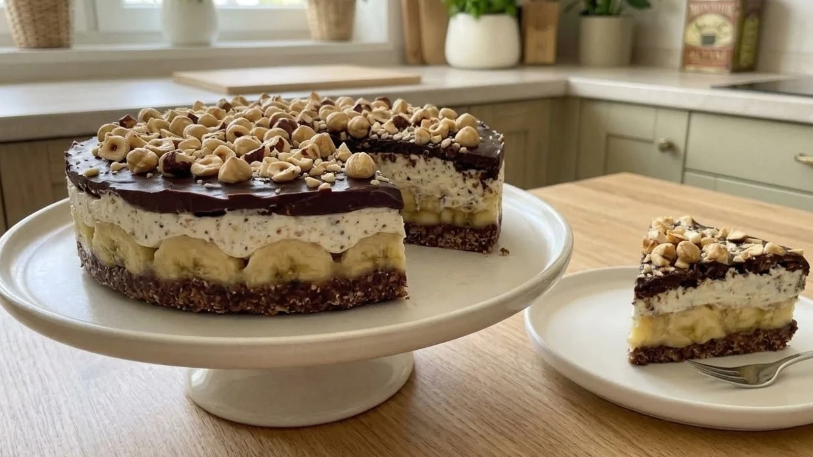 Torta od banana i zobenih pahuljica s lješnjacima na stalku za tortu, uz izrezanu krišku na tanjuru