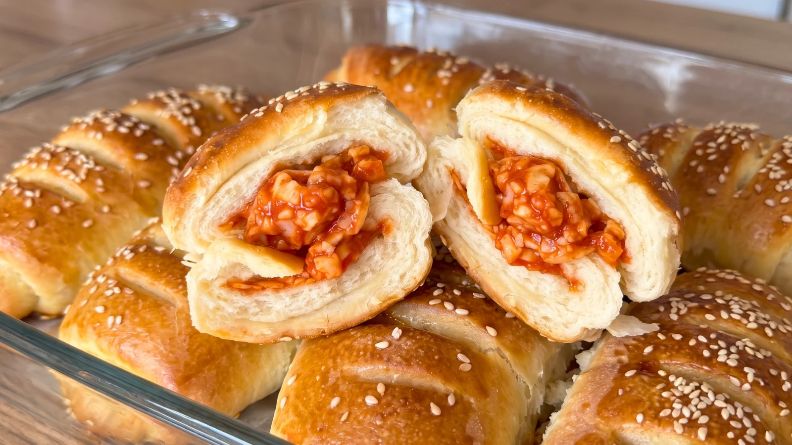 Pizza kiflice sa šunkom i sirom, dvije prepolovljene sa sočnim nadjevom na posudi punoj kiflica sa sezamom