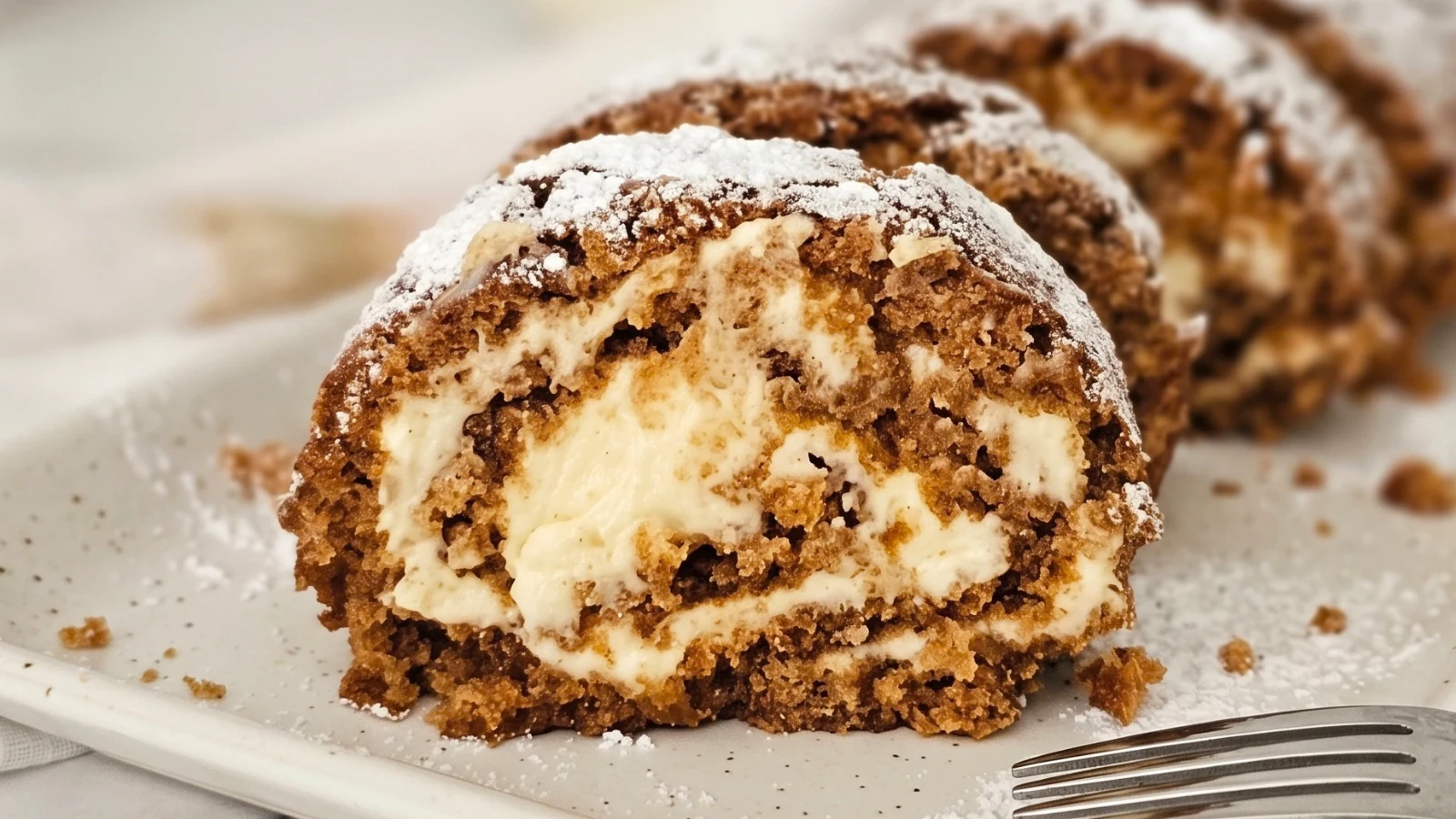 Rolada od mrkve s kremom od sira, krupni kadar narezane kriške sa spiralom kreme i šećerom u prahu